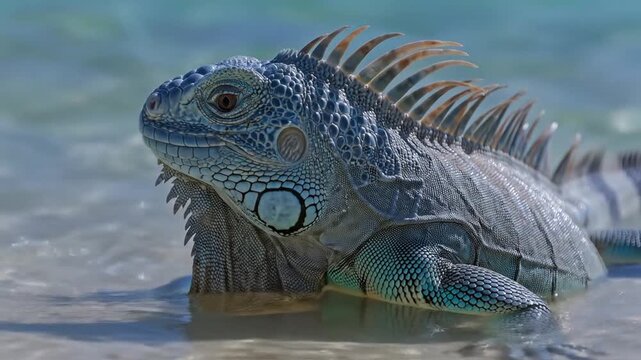 Blue Iguana Resting in Shallow Beach Water