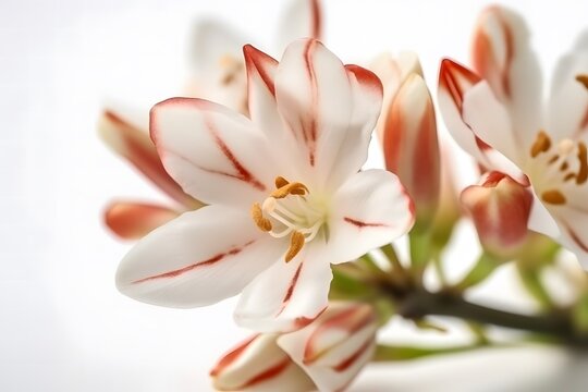 A delicate close-up shot of blooming white asphodel flowers featuring reddish-brown striped petals, prominent golden stamens, and fresh buds against a clean white background.