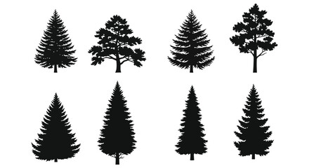 Tree silhouettes against a white background collection of coniferous and deciduous forms © Saidul_Studio1984
