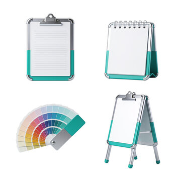 3D Graphic Design and Creative Studio Icon Set with Color Swatch Clipboard and Easel Stand