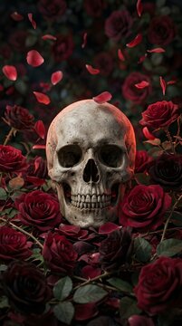 Realistic human skull surrounded by blooming red roses and falling petals. Dark gothic romantic concept for halloween poster or tattoo design.
