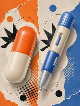 Inflatable medical capsule pill and diabetes weight loss injection pen collage depicting modern obesity pharmaceutical care