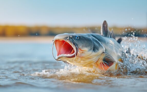 Massive Wels Catfish Lunging from Surface of European River Waters