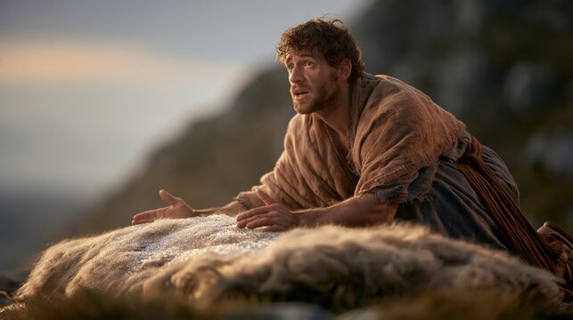 Gideon kneeling beside a dew-covered fleece at dawn seeking God's confirmation with an astonished expression on a rocky hillside.