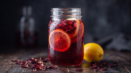 Hibiscus iced tea with lemon slices in a glass jar © MUHAMMAD