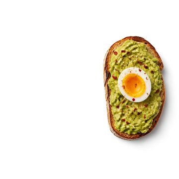 Avocado toast with poached egg on toasted sourdough bread isolated on white