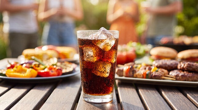 Iced cola drink with grilled food at an outdoor barbecue party