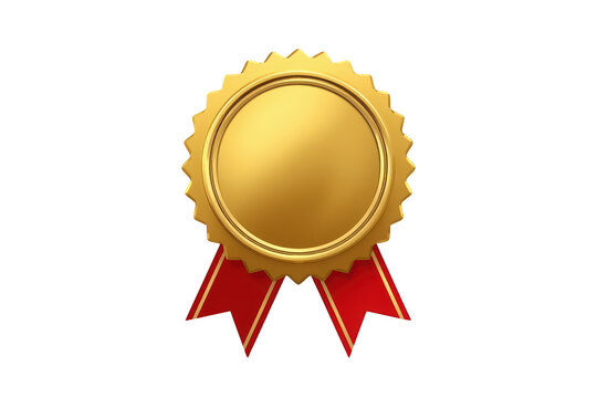 Golden award medal with blank space and red ribbons recognizing quality, achievement, and success on transparent background