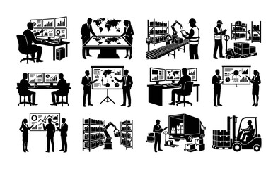 Obraz premium Business Technology and Logistics Icons Set for Global Trade and Supply Chain Management