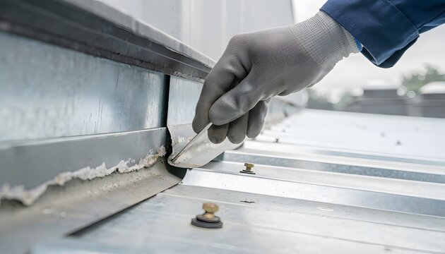 Gloved Technician Inspecting Step Flashing Seam with Probe for Building Maintenance Inspection