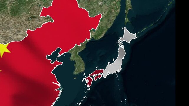 China and Japan map animation showing territorial borders with a waving national flag texture overlay in this high quality professional digital motion graphic video clip background