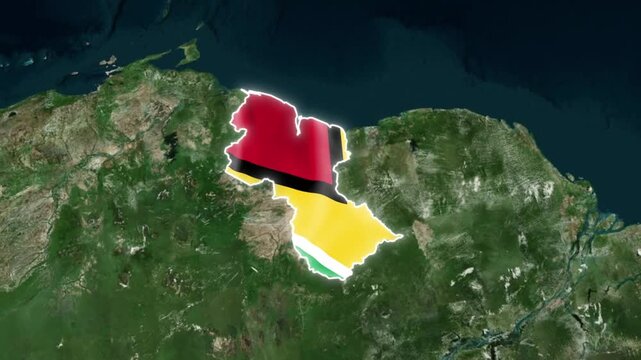 Guyana map shaped flag waving over a satellite view of South America representing national pride and geography in this dynamic motion digital animation video clip sequence