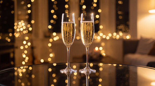 Two champagne flutes with sparkling wine on a glass table