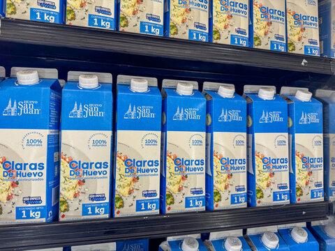 Egg whites packaged in Tetra Pak from Huevo San Juan, owned by the Mexican company Grupo Bachoco, displayed in a supermarket refrigerator. Guadalajara, Jalisco, Mexico, June 14, 2026.