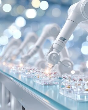 Industrial robotic arm automation on manufacturing line with laser welding detail for design poster background and technology presentation