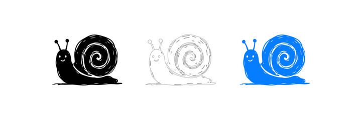 Three snail illustrations black line art and blue versions for versatile design applications © Md Riyad