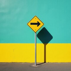 Obraz premium Yellow diamond sign with black arrow points right on teal and yellow wall. Simple geometric street marker casts dark shadow on grey pavement. Bright colors and clean lines.