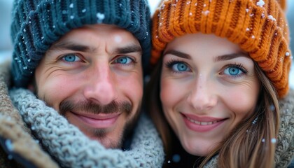 Fototapeta premium Man and woman in winter hats pose closely. They have blue eyes and smiles. Snow falls on their wool hats and scarves. Their faces look happy. They share a moment outside.