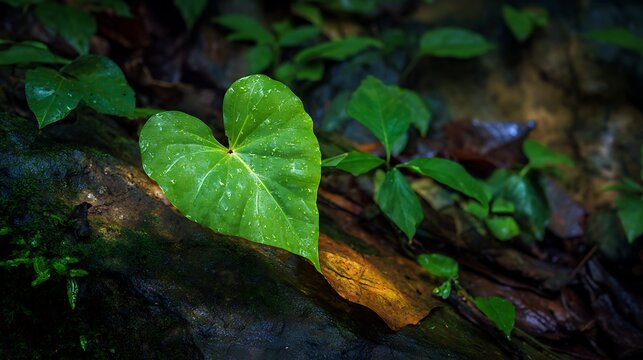 Lush green heart-shaped leaf with water drops in a dark tropical forest.