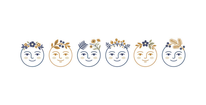Whimsical Moon Faces with Botanical Crowns Vector Set