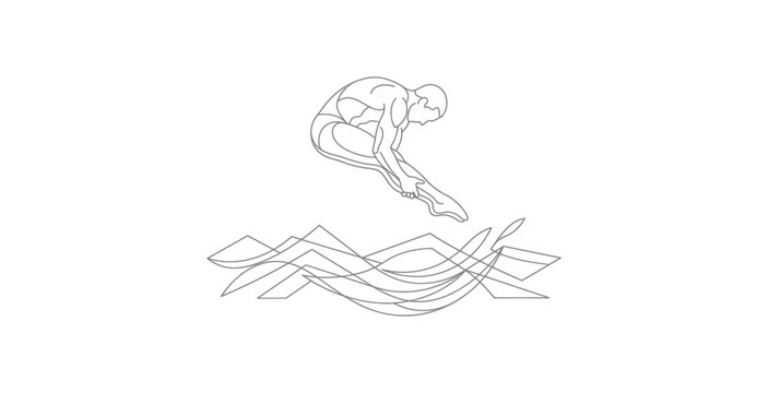 Diver Jumping Into Water Outline Vector Illustration