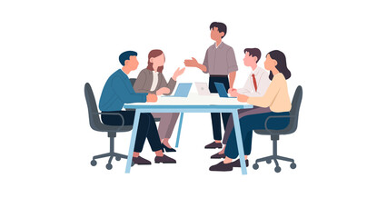 Obraz premium Flat vector illustration of diverse business people discussing project around office conference table