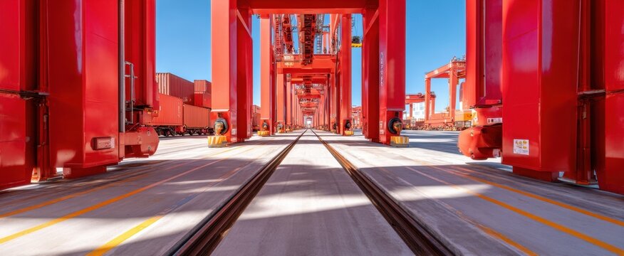 Red container gantry cranes at shipping port for heavy cargo handling and industrial transport, for design, poster, background
