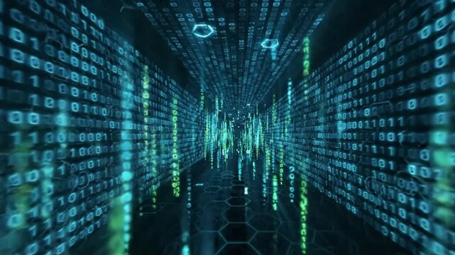 A futuristic digital tunnel composed of glowing blue and green binary code, representing data flow and cyberspace.
