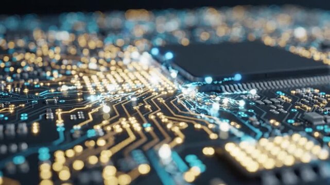 Close-up view of a glowing circuit board with intricate electronic pathways and microchips, representing advanced technology and digital innovation.