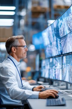 Industrial surveillance control room with operator monitoring multiple security screens in a warehouse for design, poster and background use in monitoring dashboards