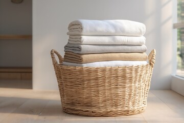 Fototapeta premium Woven Laundry Basket Filled With Neatly Folded Linens