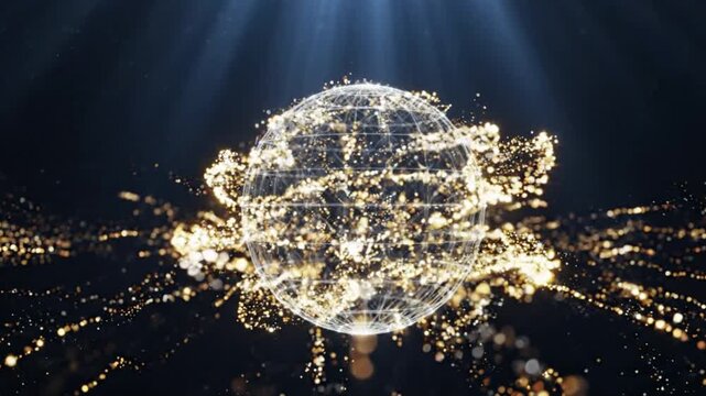 A glowing abstract sphere exploding with golden particles and light rays in a dark digital space.