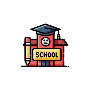 Cute School Building Icon with Graduation Cap and Pencil - Education Concept
