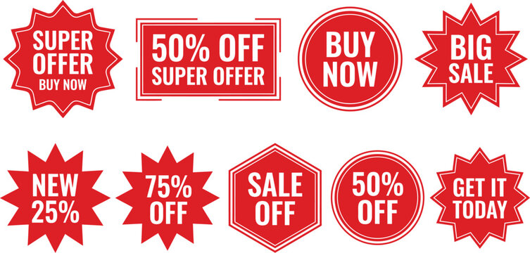 A collection of red vector sale badges and promotional stickers featuring various shapes including stars, circles, and rectangles with bold white marketing text overlays.