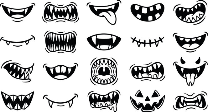 A comprehensive collection of diverse monster and spooky character mouths featuring sharp teeth fangs tongues and various expressions rendered in clean black and white