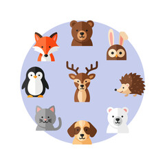 Fototapeta premium Cute woodland and arctic animals collection, flat design vector illustration