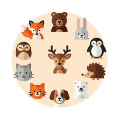 Fototapeta premium Cute Woodland Animal Circle Illustration - Fox, Bear, Deer, Owl, Cat, Dog, Penguin, Hedgehog