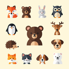 Fototapeta premium Cute Woodland Animal Icons Set: Fox, Bear, Rabbit, Owl, Penguin, Deer, Hedgehog, Dog