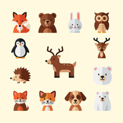 Obraz premium Cute Woodland Animal Icons Set: Fox, Bear, Rabbit, Owl, Penguin, Deer, Hedgehog