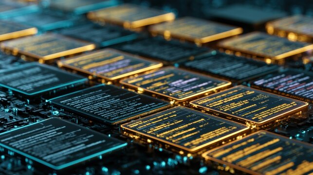 Rows of glowing task cards transform inputs into outputs in a dark setting with electric blue and gold lights, showcasing a software process.
