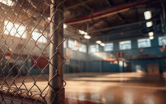 Interior of a Gymnasium at a Juvenile Detention Center with Chain-link Fence