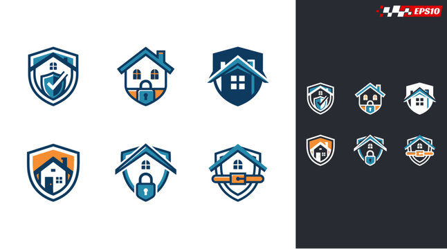 Collection of house and shield logos representing home security and protection.