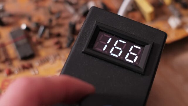 Hand adjusts a control knob on an electronic device causing the numbers on the digital LED screen to decrease. The visual represents precise voltage regulation and power control.