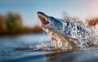 Fototapeta premium Majestic Beluga Sturgeon Breaching the Surface of the River Volga