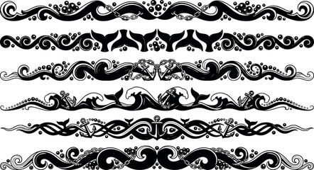 Set of nautical decorative dividers with waves, anchors, whale tails and bubbles transparent background © SampaRani
