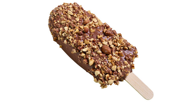 Chocolate covered ice cream bar with chopped nuts, isolated on transparent background