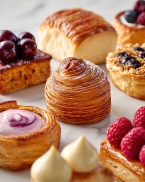Close up layered spiral pastry and assorted viennoiserie with berries for bakery menu design, food poster and background