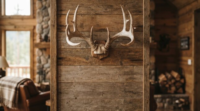 Deer antlers wall mount decoration in rustic log cabin