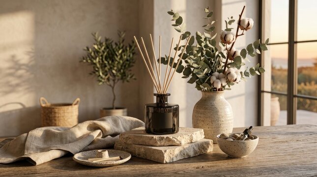 Cozy home decor with natural elements and aromatherapy