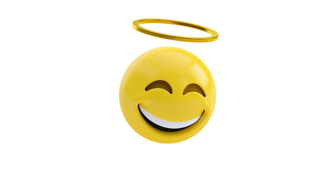 Smiling yellow emoji with golden halo, isolated on transparent background